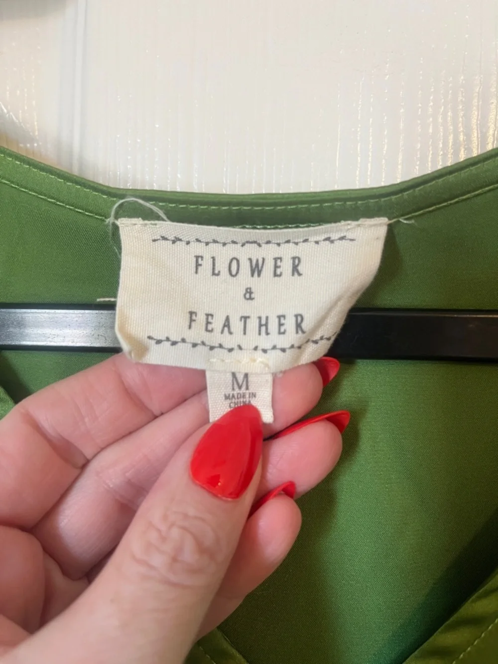 Green Satin Tie-Waist Blouse with Long Puff Sleeves - Picture 2 of 3